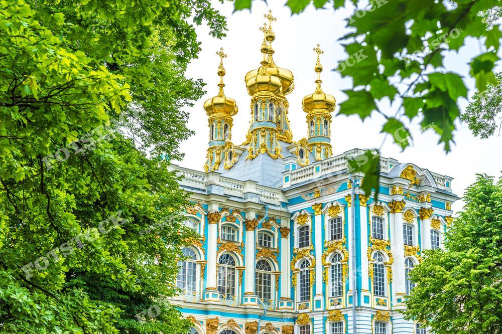 На фотографии изображён Екатерининский дворец, расположенный в Царском Селе (г. Пушкин), с его яркими золотыми куполами и богато украшенным фасадом. Зелёные ветви деревьев обрамляют кадр, подчёркивая летнюю атмосферу. Этот дворец — выдающийся образец барочной архитектуры и одна из главных достопримечательностей России. Летний день делает архитектуру ещё более яркой и впечатляющей.